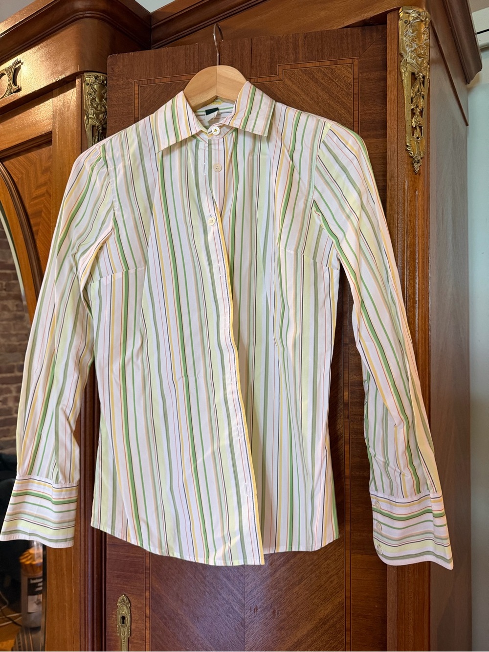 J. Crew White Shirt with Green and Yellow Stripes